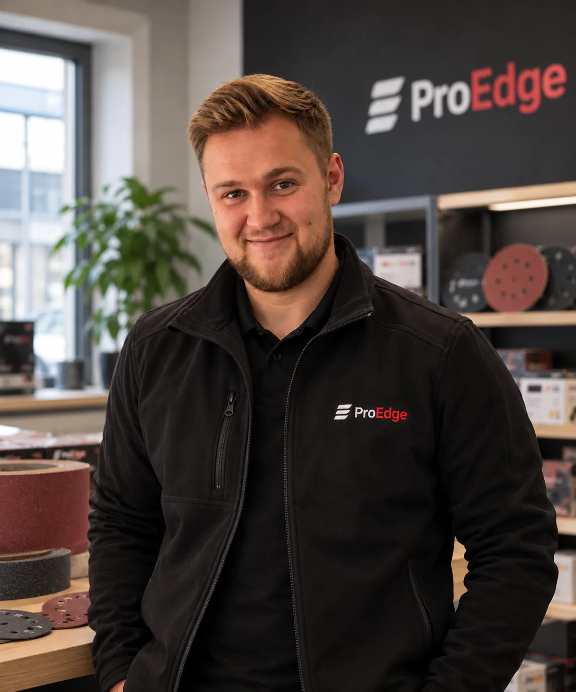 Kristian Madsen foran hylder med slibebånd og rondeller